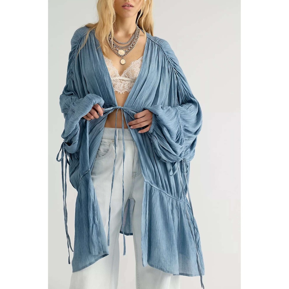 NWT Free People Juliet Sheer Tie-Front Duster Top Light Blue One Size Boho